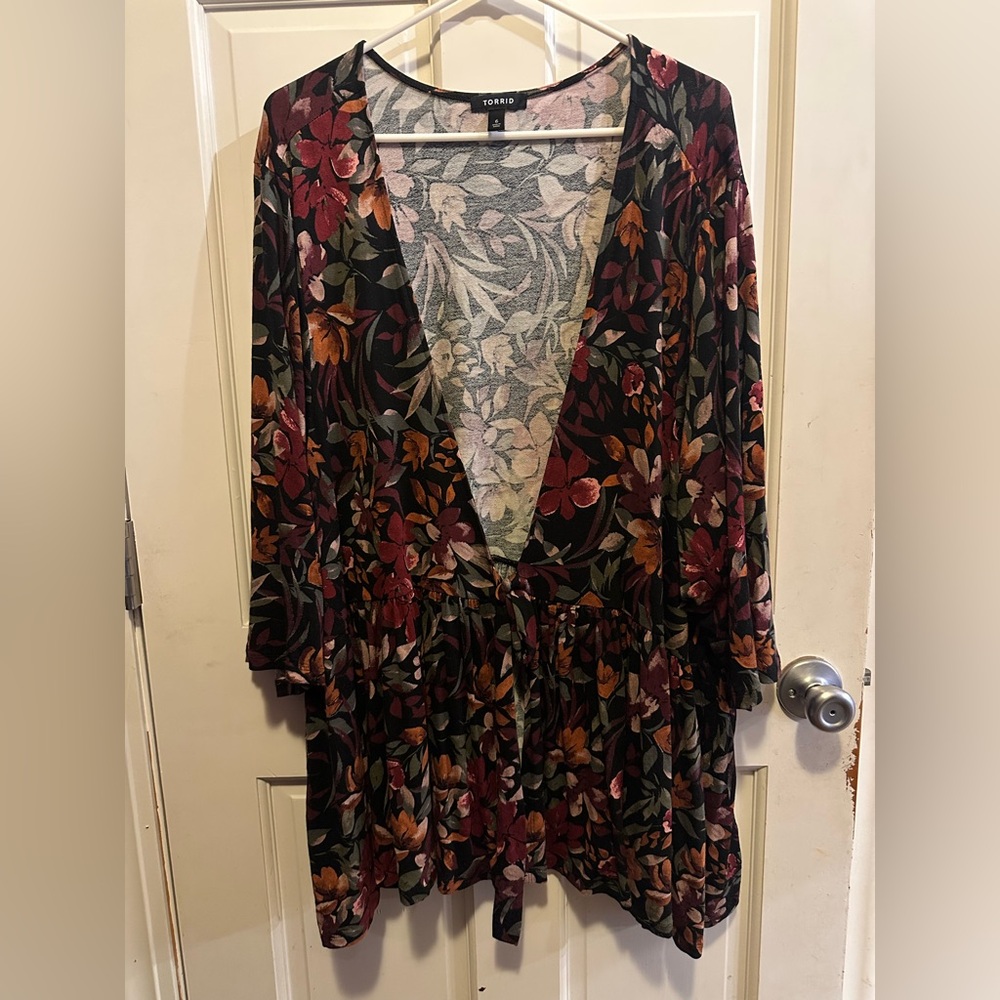Torrid Long Sleeve Floral Blouse- Black and Multicolor